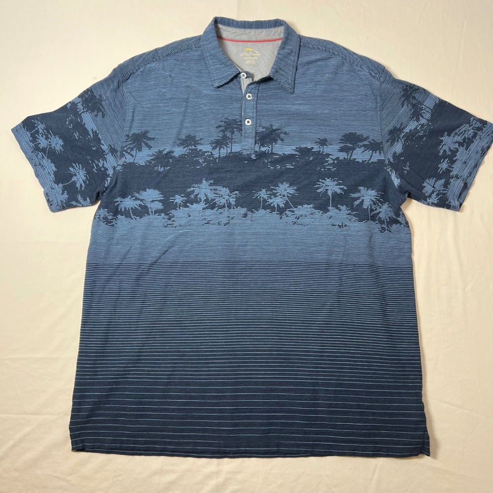 Bob Timberlake Mens Blue Tropical Palm Tree Stripe Cotton Polo Shirt XL